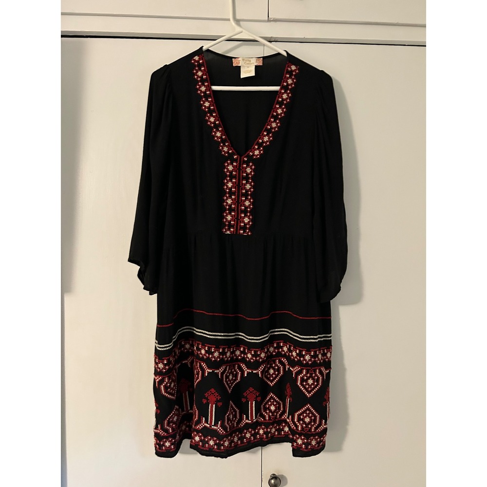 Flying Tomato Black Embroidered Boho Mini Dress 2X Plus Size Long Sleeve Rayon
